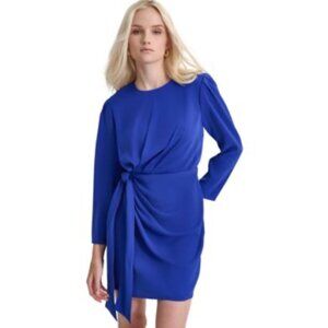 DKNY Womens Long Sleeve Draped Tie Waist Dress US 8 Royal Blue Polyester